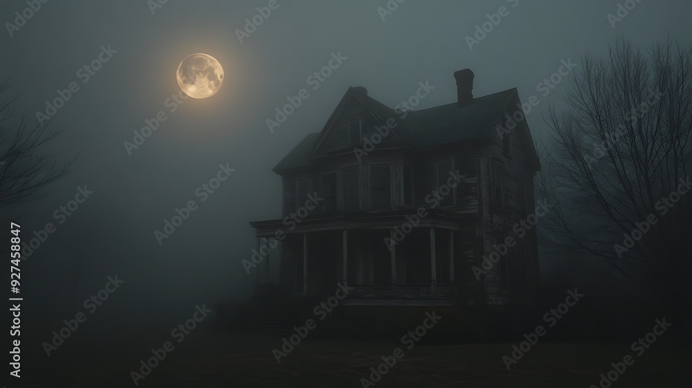 old haunted house with a foggy atmosphere and a full moon in the background, creating a ghostly ambiance old haunted house with a foggy atmosphere and a full moon in the background, creating a ghostly ambiance