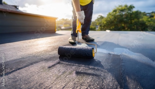 Using a roller brush to apply a waterproof coating to a rooftop. Generated image
