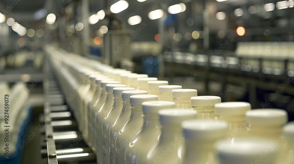 Inside the milk factory, the conveyor belt is filled with rows and rows of pudding bottles of milk, with no design on the sides of the glass bottles Inside the milk factory, the conveyor belt is filled with rows and rows of pudding bottles of milk, with no design on the sides of the glass bottles