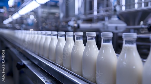 Inside the milk factory, the conveyor belt is filled with rows and rows of pudding bottles of milk, with no design on the sides of the glass bottles
