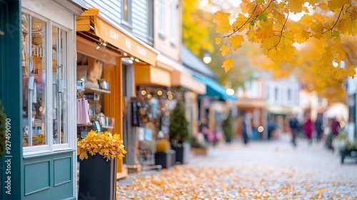 Fototapeta Naklejka Na Ścianę i Meble -  Autumn shopping scene with golden leaves falling, cozy boutiques lining a charming small town street, Seasonal Shopping, Autumn Atmosphere
