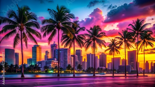 Vibrant and colorful 1980s vintage Miami Florida scene, retro, neon, pastel, palm trees, beach, sunny, vacation