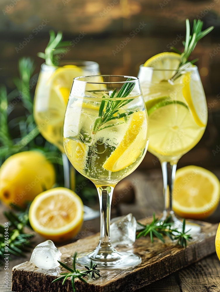 Fototapeta premium Lemon, citrus spritz cocktails on rustic timber 