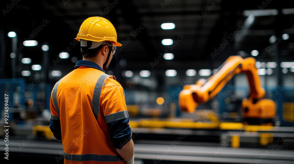 A factory worker in safety gear observes a robotic arm operating in an industrial manufacturing environment. A factory worker in safety gear observes a robotic arm operating in an industrial manufacturing environment.