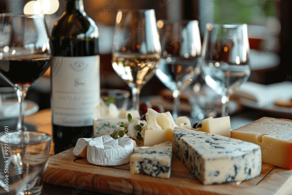 Wine bottles and wine glasses on the table and a cheese platter. AI generative. Wine bottles and wine glasses on the table and a cheese platter. AI generative.