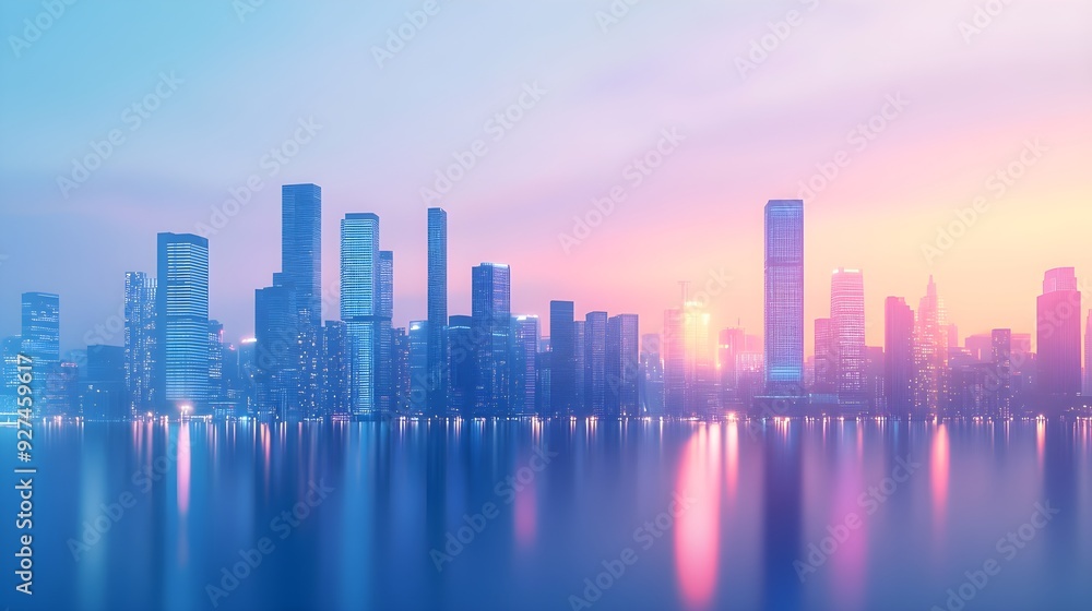 Fototapeta premium Cityscape Reflections at Sunset, Pink and Blue Tones