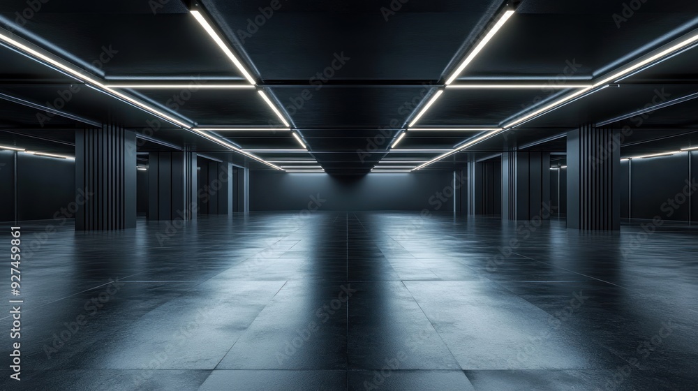 Fototapeta premium Futuristic Dark Black Empty Garage