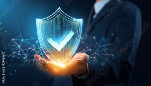 A shield with a check mark symbol in blue color on a digital background. Generated image