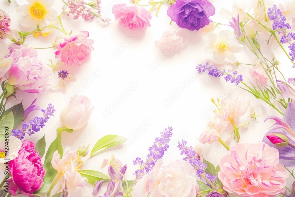 Colorful flowers frame a blank space with soft background. Banner, background for weddings, birthdays, spring events. Colorful flowers frame a blank space with soft background. Banner, background for weddings, birthdays, spring events.