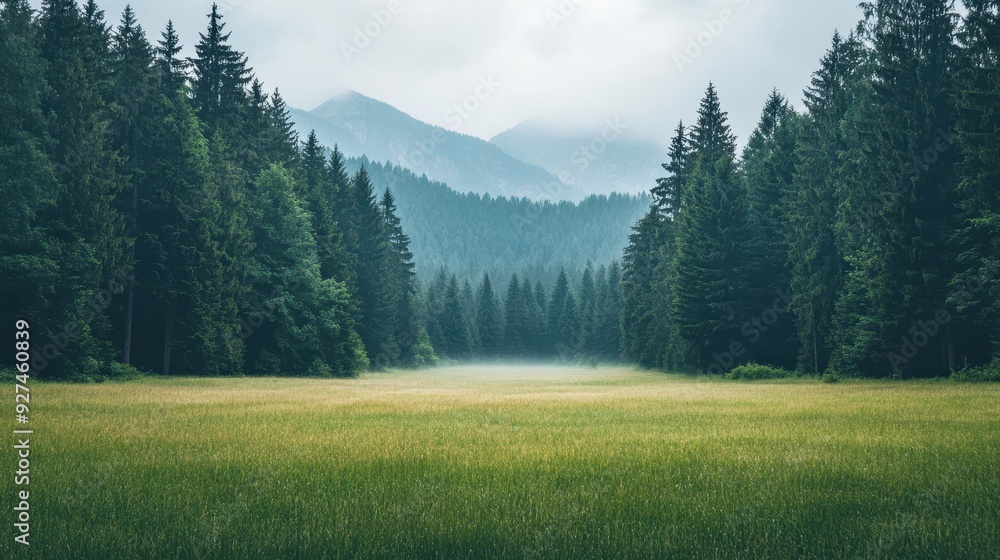 A serene landscape featuring a misty forest and open field with mountains in the background. A serene landscape featuring a misty forest and open field with mountains in the background.