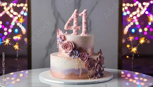 Elegant 41st Birthday Cake with Intricate Floral Number Topper and Cascading Floral Decorations
 photo