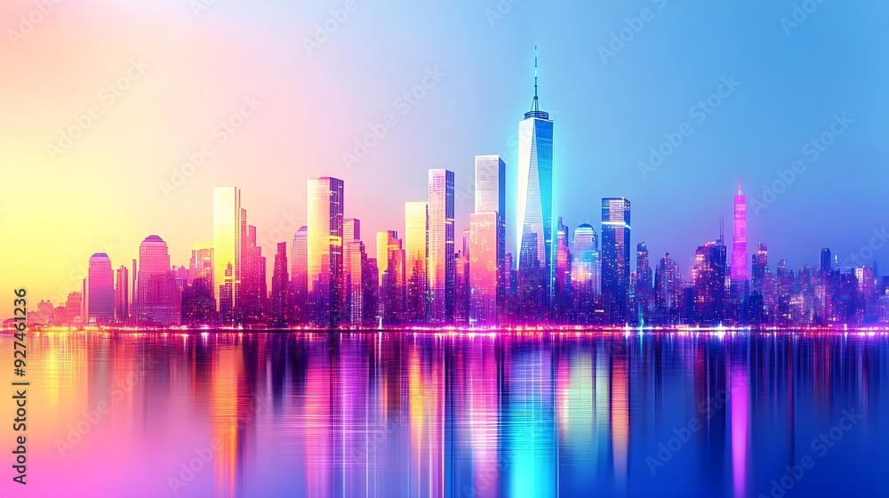Colorful NYC Skyline at Sunset with Reflection Colorful NYC Skyline at Sunset with Reflection