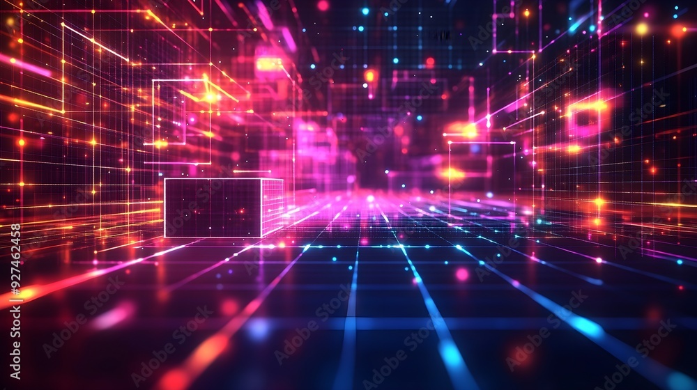 Futuristic Neon Grid, Abstract Digital Background Futuristic Neon Grid, Abstract Digital Background