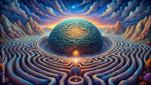 Psychedelic illustration of the labyrinth of the human brain with an abstract background. 