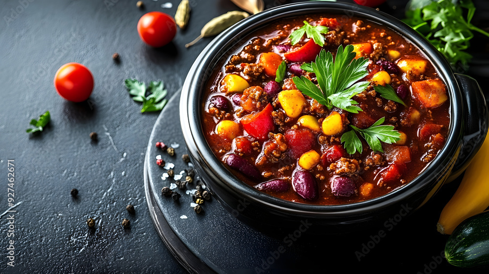 A bowl of chili with a variety of vegetables and spices on a black background A bowl of chili with a variety of vegetables and spices on a black background