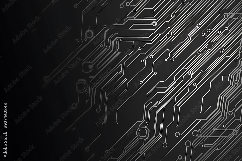 A modern abstract circuit design with silver lines and dots on a sleek dark background, ideal for technology-related templates and web design.