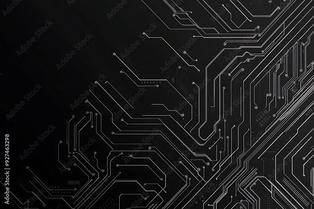 A modern abstract circuit design with silver lines and dots on a sleek dark background, ideal for technology-related templates and web design. A modern abstract circuit design with silver lines and dots on a sleek dark background, ideal for technology-related templates and web design.