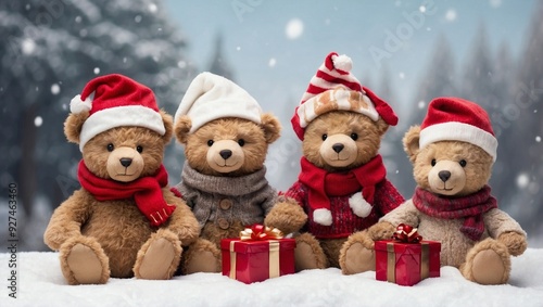 Christmas teddy bear and gifts on snowy background. There is a teddy bear wearing a santa hat and scarf.