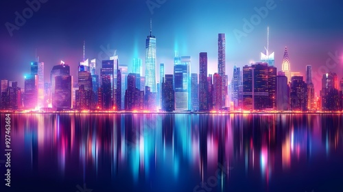 Wallpaper Mural Neon Skyline Cityscape - Night Lights Reflection Torontodigital.ca