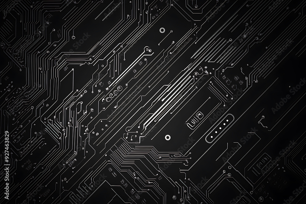 A modern abstract circuit design with silver lines and dots on a sleek dark background, ideal for technology-related templates and web design. A modern abstract circuit design with silver lines and dots on a sleek dark background, ideal for technology-related templates and web design.