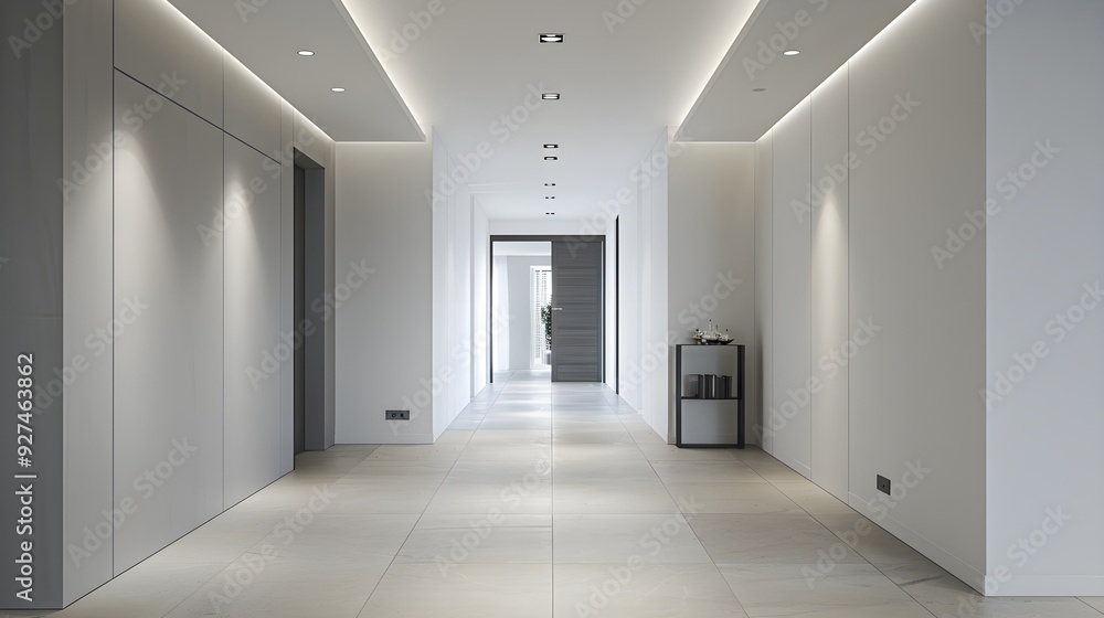 The entrance hall is designed in a modern minimalist style for the interior of a high-end apartment with a combination of light grey tiled floors and white walls. The natural light. The entrance hall is designed in a modern minimalist style for the interior of a high-end apartment with a combination of light grey tiled floors and white walls. The natural light.