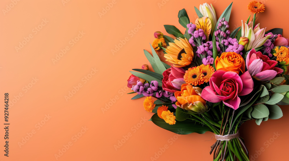 Fototapeta premium Colorful bouquet of various flowers, including roses and sunflowers, arranged against a vibrant orange background, symbolizing joy and celebration.