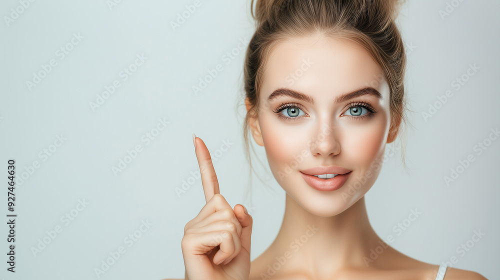 Beautiful woman with perfect skin pointing up finger. Skincare advertisement concept. Beautiful woman with perfect skin pointing up finger. Skincare advertisement concept.