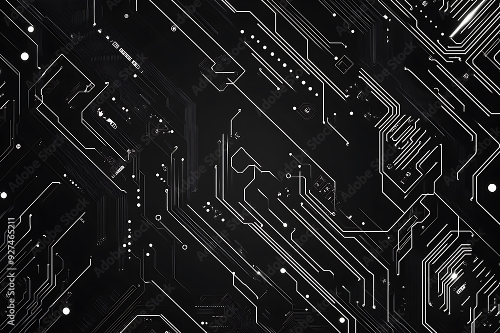 A modern abstract circuit design with silver lines and dots on a sleek dark background, ideal for technology-related templates and web design. A modern abstract circuit design with silver lines and dots on a sleek dark background, ideal for technology-related templates and web design.