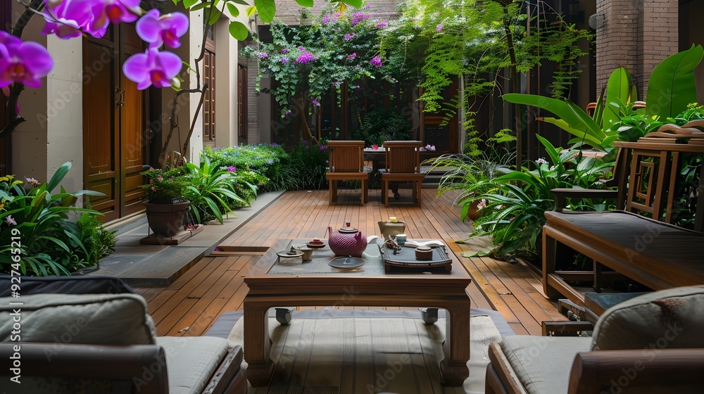 The villa garden courtyard, with wooden flooring, is covered with green plants and purple flowers on both sides. A tea table with exquisite tea utensils on it. Surrounded by a comfortable sofa The villa garden courtyard, with wooden flooring, is covered with green plants and purple flowers on both sides. A tea table with exquisite tea utensils on it. Surrounded by a comfortable sofa