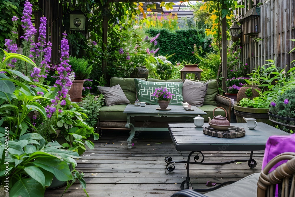 Fototapeta premium The villa garden courtyard, with wooden flooring, is covered with green plants and purple flowers on both sides. A tea table with exquisite tea utensils on it. Surrounded by a comfortable sofa