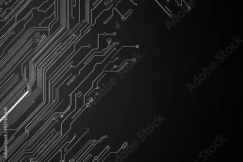 A modern abstract circuit design with silver lines and dots on a sleek dark background, ideal for technology-related templates and web design.