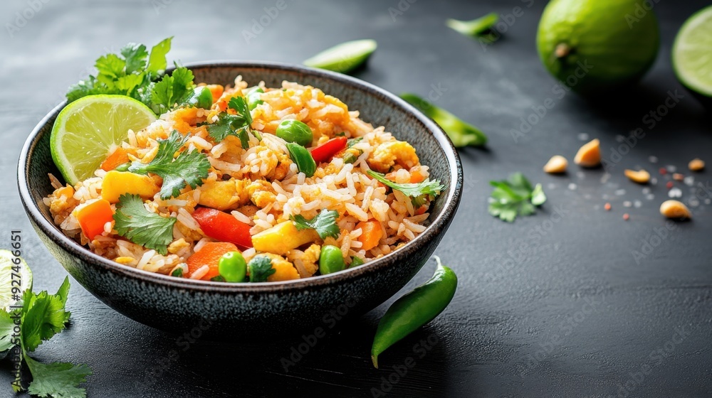 A bowl of fried rice with colorful vegetables and herbs, garnished with lime wedges A bowl of fried rice with colorful vegetables and herbs, garnished with lime wedges
