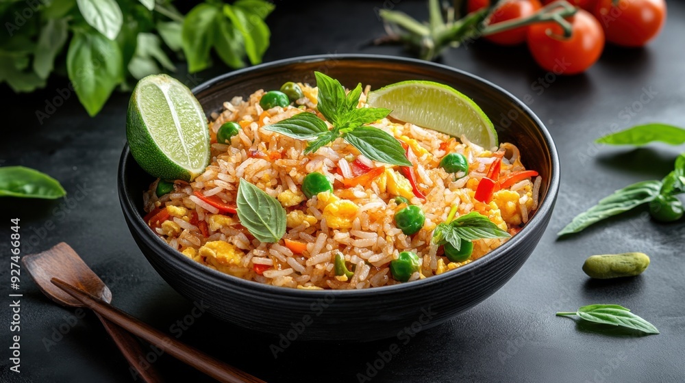 A bowl of fried rice with colorful vegetables and herbs, garnished with lime wedges A bowl of fried rice with colorful vegetables and herbs, garnished with lime wedges