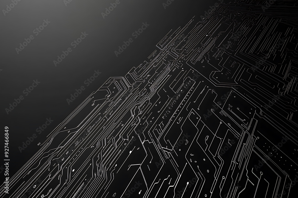A modern abstract circuit design with silver lines and dots on a sleek dark background, ideal for technology-related templates and web design. A modern abstract circuit design with silver lines and dots on a sleek dark background, ideal for technology-related templates and web design.