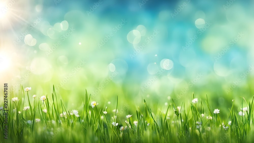 Fototapeta premium Beautiful sunny spring meadow with green grass and blue sky. Abstract background with light bokeh and space for text.