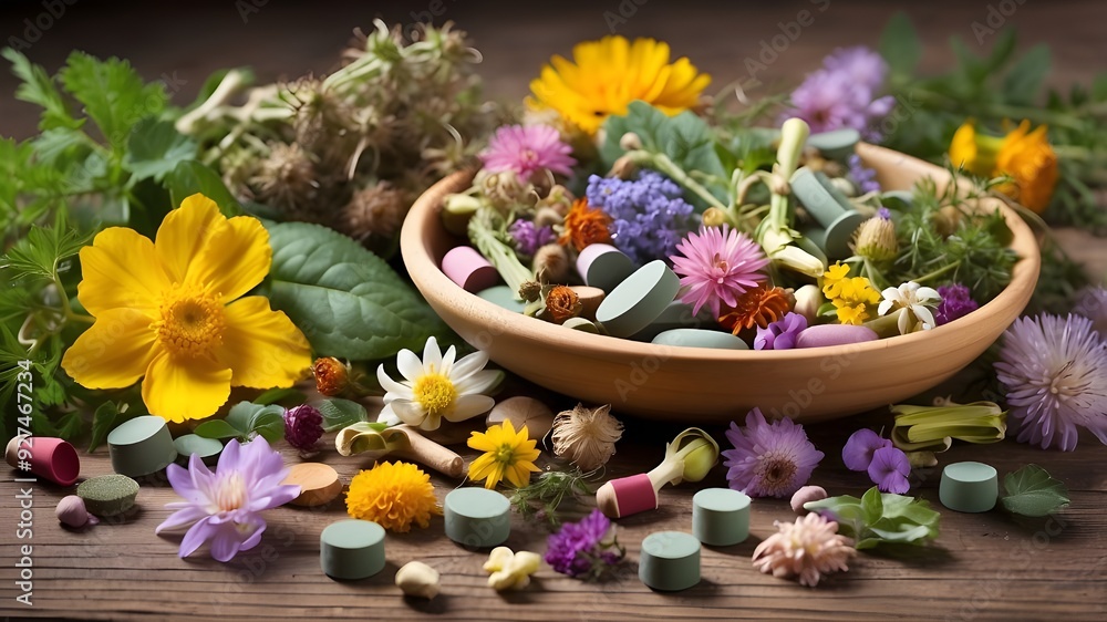 Natural cures using herbs and flowers, herbal and floral tablets, complementary and alternative medicine, botanical Natural cures using herbs and flowers, herbal and floral tablets, complementary and alternative medicine, botanical