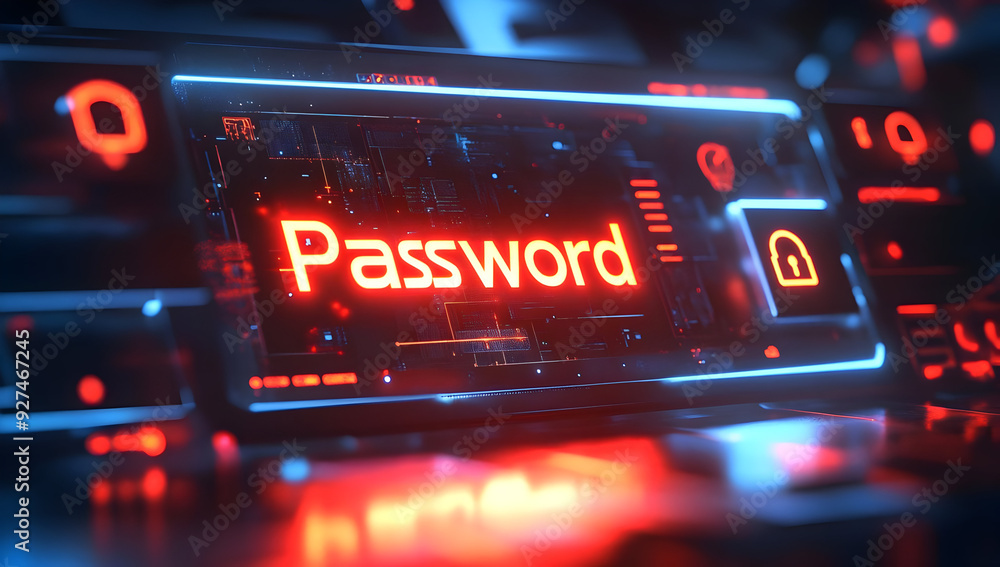 Futuristic interface displaying a password prompt in glowing red, symbolizing digital security and access control. Futuristic interface displaying a password prompt in glowing red, symbolizing digital security and access control.