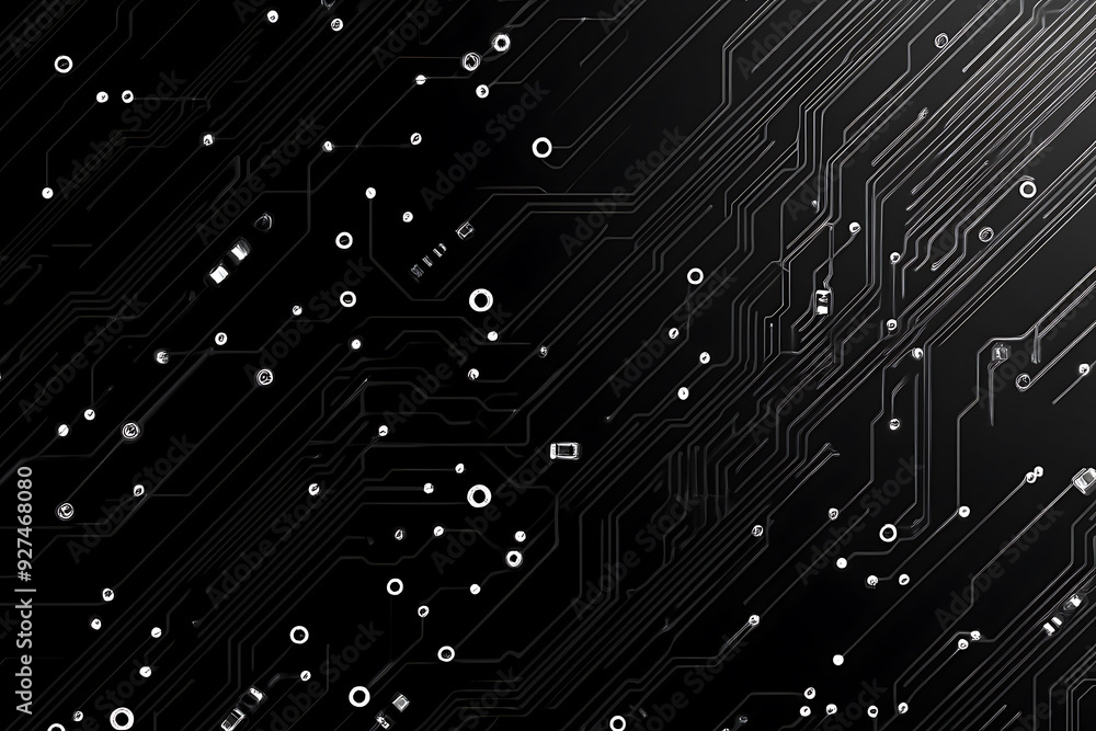 A modern abstract circuit design with silver lines and dots on a sleek dark background, ideal for technology-related templates and web design. A modern abstract circuit design with silver lines and dots on a sleek dark background, ideal for technology-related templates and web design.