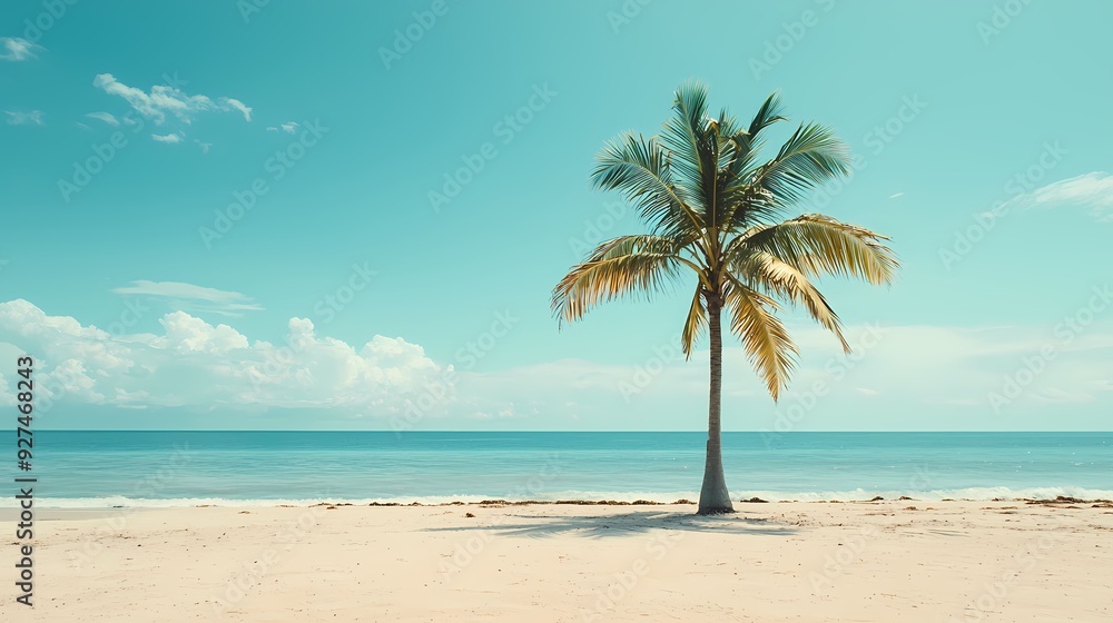 Fototapeta premium A serene beach scene featuring a tall palm tree against a vibrant turquoise sky and calm ocean, perfect for relaxation and escape.