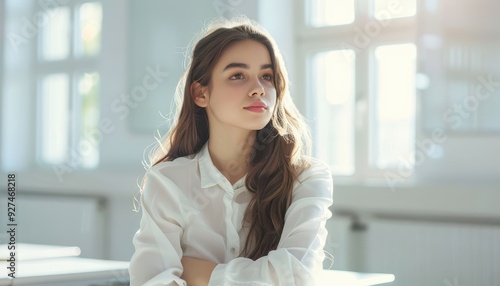 Free Download Portrait of a beautiful young female smile In a bright white classroom Generative AI - GFXLoad