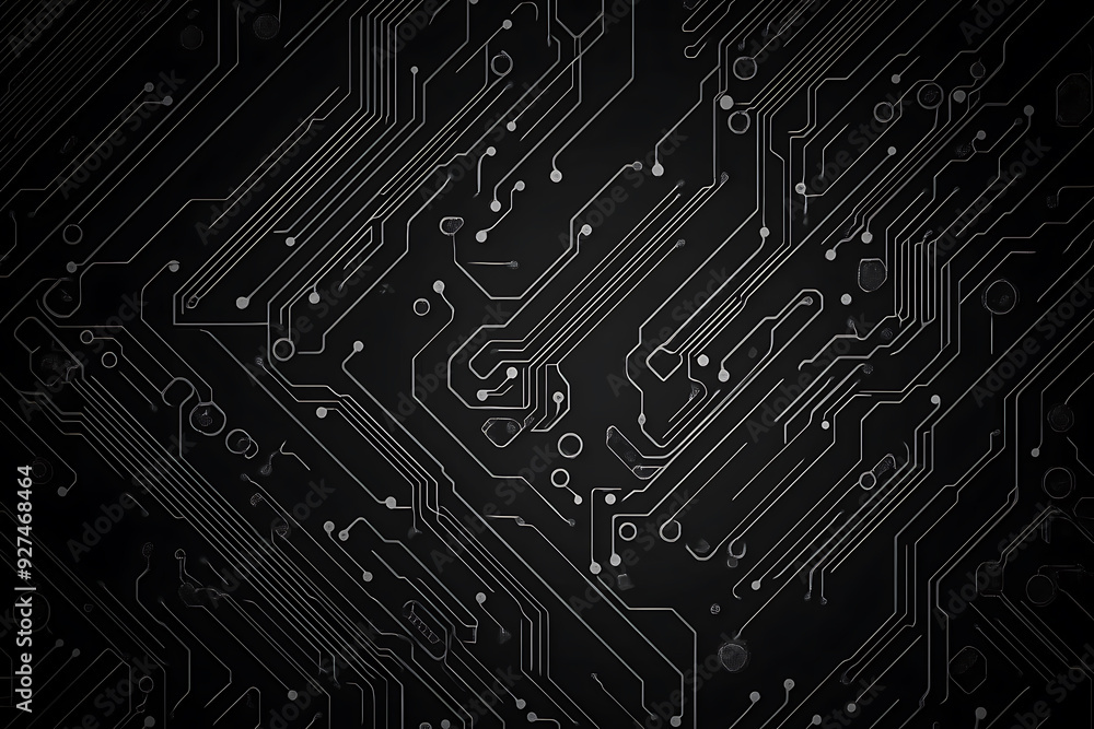 A modern abstract circuit design with silver lines and dots on a sleek dark background, ideal for technology-related templates and web design. A modern abstract circuit design with silver lines and dots on a sleek dark background, ideal for technology-related templates and web design.