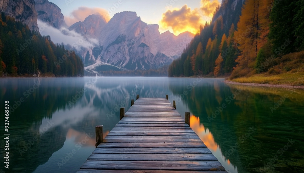 Beautiful view of lake with a wooden dock in the middle, mountain landscape and autumn trees forest. Autumn nature scene. Idyllic natural scenery concept Beautiful view of lake with a wooden dock in the middle, mountain landscape and autumn trees forest. Autumn nature scene. Idyllic natural scenery concept