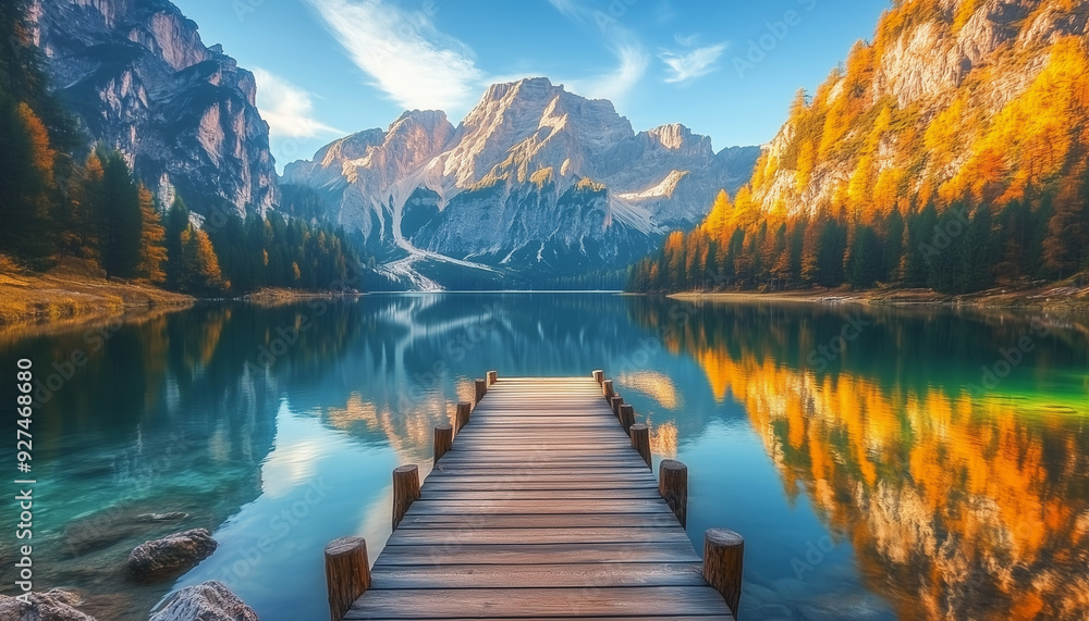 Beautiful view of lake with a wooden dock in the middle, mountain landscape and autumn trees forest. Autumn nature scene. Idyllic natural scenery concept Beautiful view of lake with a wooden dock in the middle, mountain landscape and autumn trees forest. Autumn nature scene. Idyllic natural scenery concept