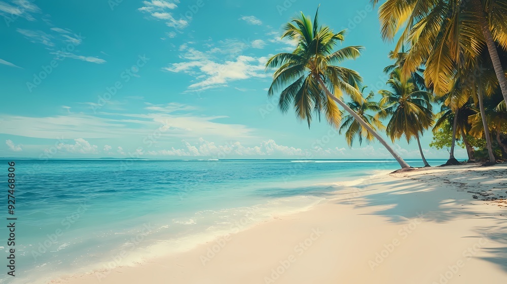 A serene tropical beach scene with swaying palm trees, golden sand, and crystal-clear water under a bright blue sky. A serene tropical beach scene with swaying palm trees, golden sand, and crystal-clear water under a bright blue sky.