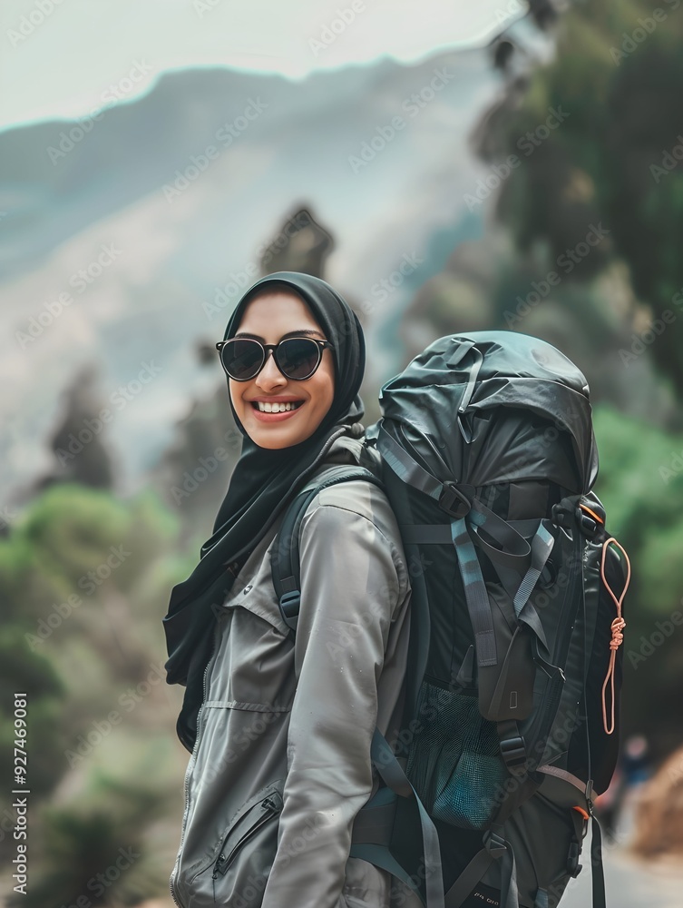 Woman backpacker in hijab around the world, woman in hijab wearing backpack, Muslim woman on adventure, Muslim woman smiling, adventure, tourist Woman backpacker in hijab around the world, woman in hijab wearing backpack, Muslim woman on adventure, Muslim woman smiling, adventure, tourist