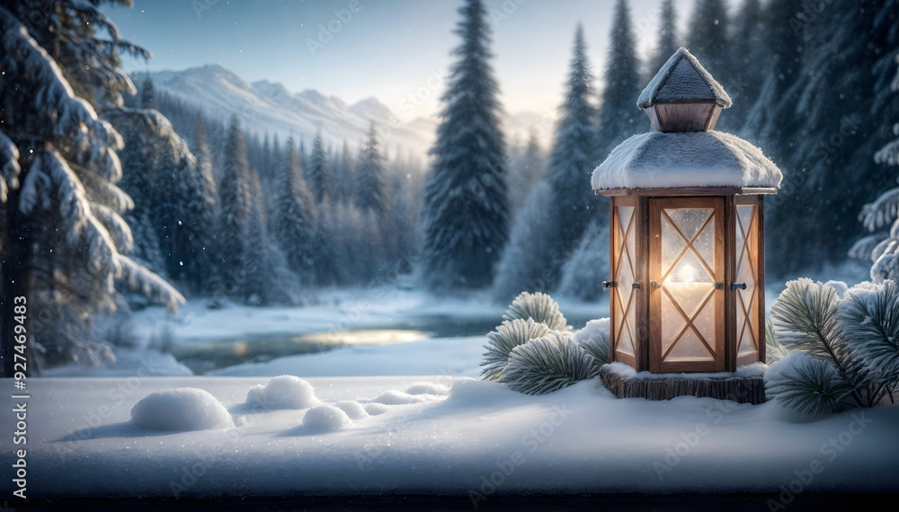 Lantern glowing in snowy winter forest at dawn Lantern glowing in snowy winter forest at dawn