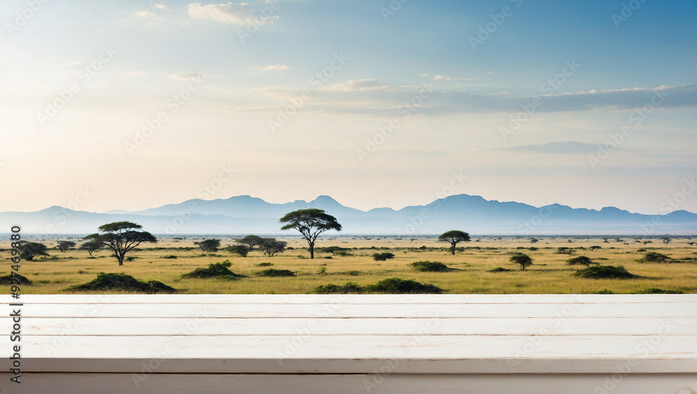Fototapeta premium Empty the top of white wooden table for produst display with blurred a landscape african wildlife background