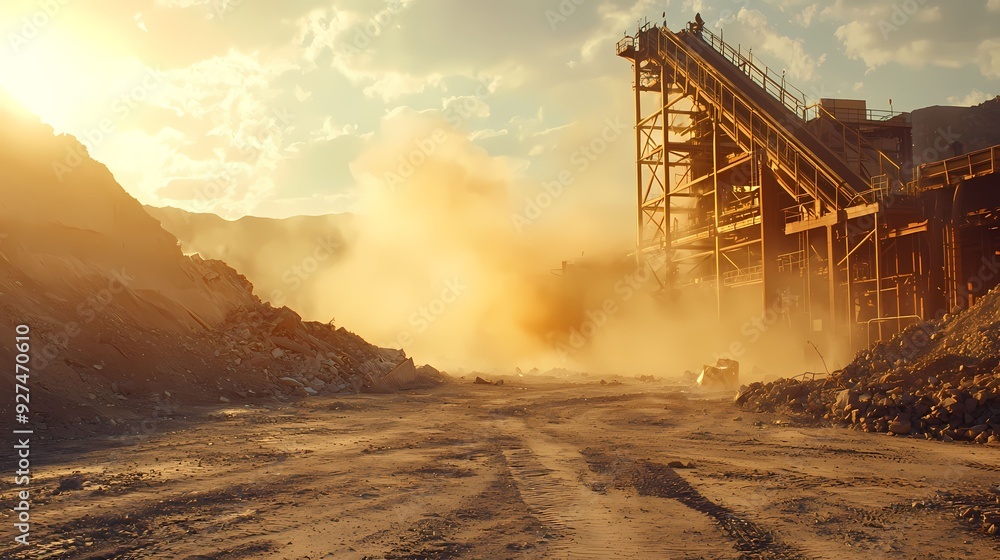 Dusty construction site at sunset, showcasing machinery and earthy tones in a rugged environment. Dusty construction site at sunset, showcasing machinery and earthy tones in a rugged environment.