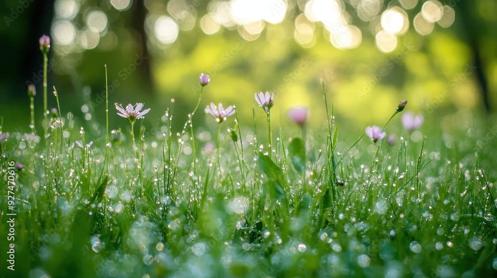 Fototapeta premium A serene meadow with delicate flowers and dew drops in soft sunlight.