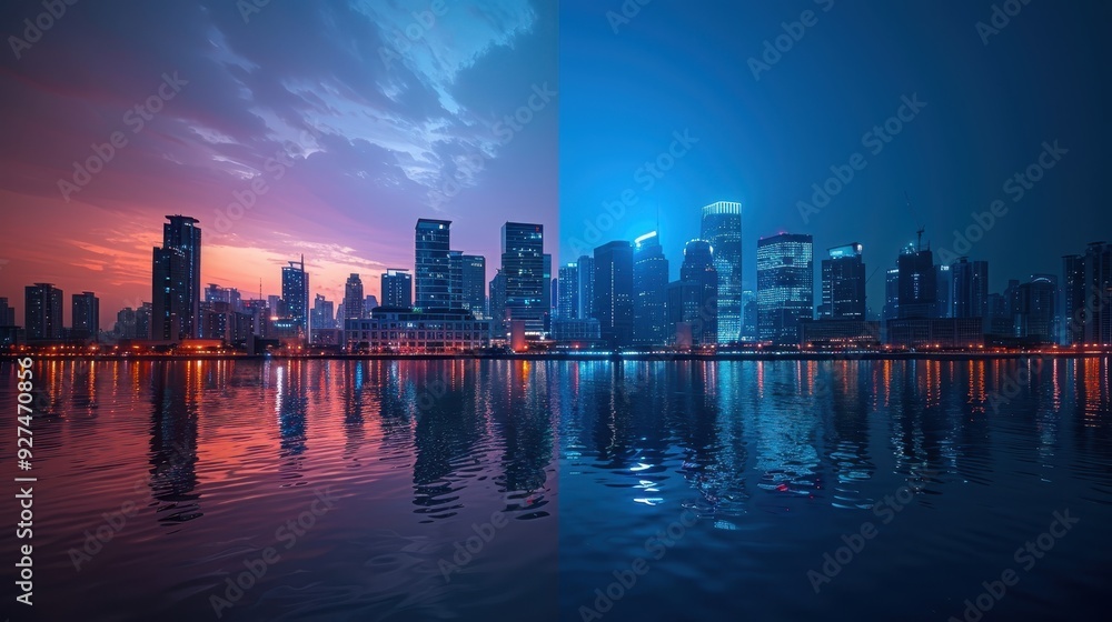 Fototapeta premium Cityscape with Twilight and Nighttime Views